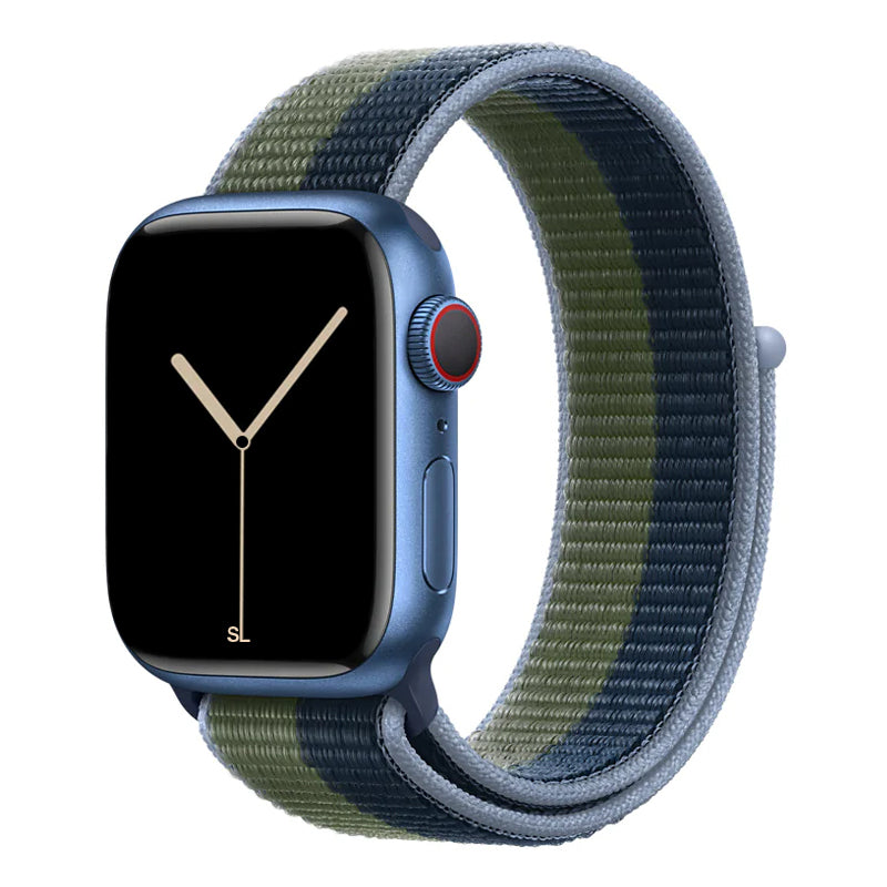 blue army green yellow nylon sport loop watch band for apple watch series 10 42mm and 45mm and ultra 2 made from woven nylon
