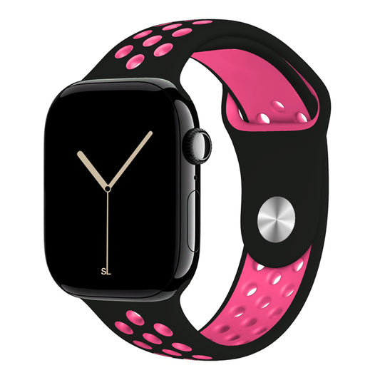 black hot pink silicone watch strap for apple watch series 11 42mm 46mm with perforated holes for breathing while running and active sports