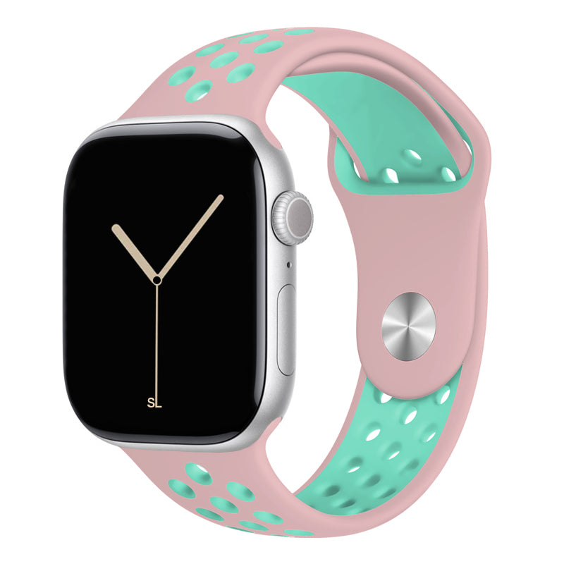 pink mint green silicone watch strap for apple watch series 11 42mm 46mm with perforated holes for breathing while running and active sports