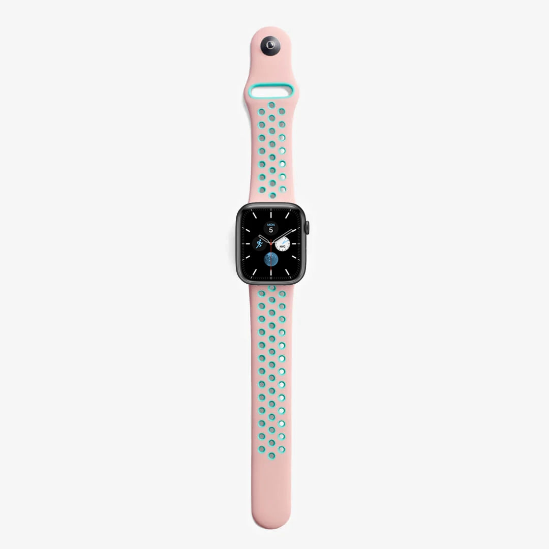 pink mint green silicone watch strap for apple watch series 11 42mm 46mm with perforated holes for breathing while running and active sports