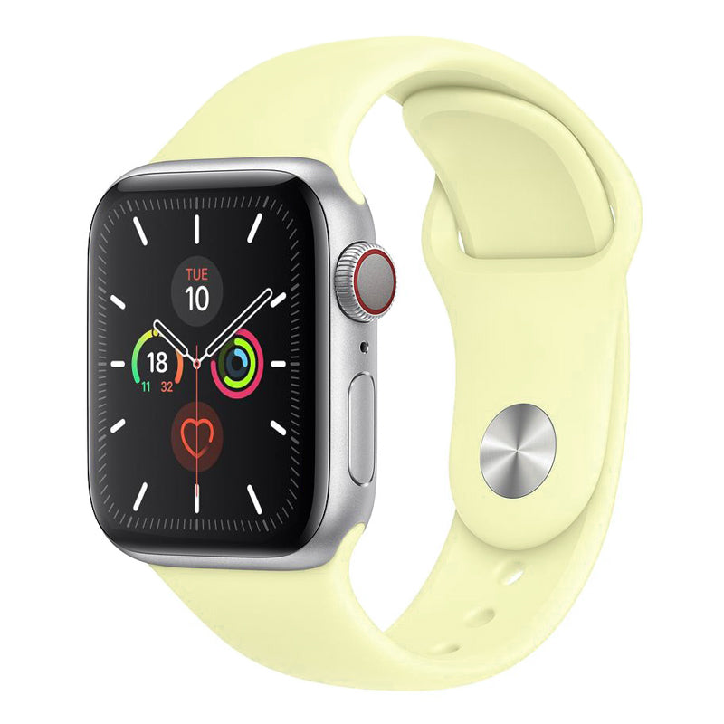 A pastel yellow silicone watch strap sport band on an Apple watch series 10 46mm and 42mm and Ultra 2
