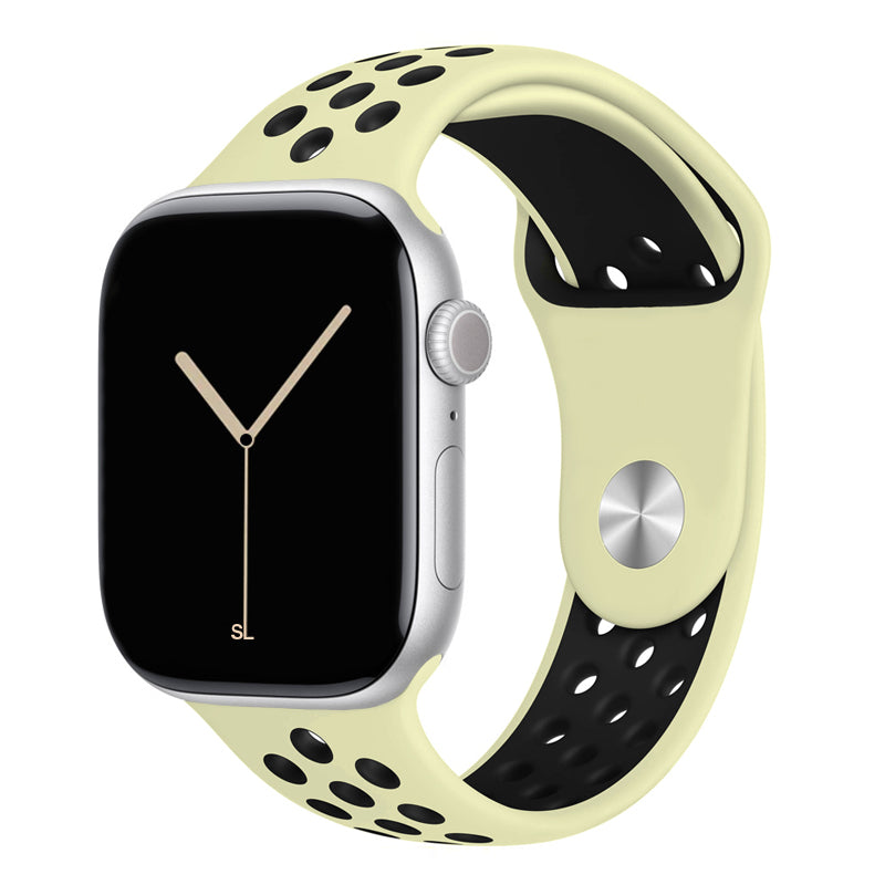 pastel yellow black silicone watch strap for apple watch series 11 42mm 46mm with perforated holes for breathing while running and active sports