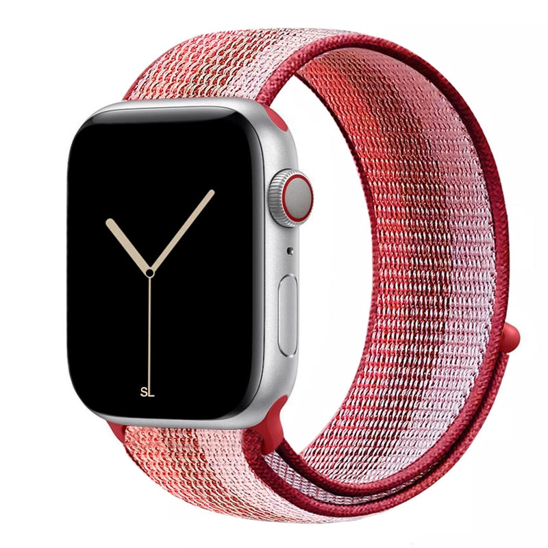 red stripe nylon sport loop watch band for apple watch series 10 42mm and 45mm and ultra 2 made from woven nylon