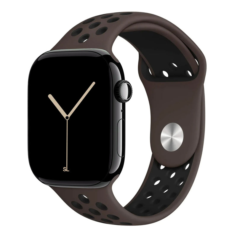 dark brown silicone watch strap for apple watch series 11 42mm 46mm with perforated holes for breathing while running and active sports
