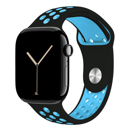 black and light blue silicone watch strap for apple watch series 11 42mm 46mm with perforated holes for breathing while running and active sports