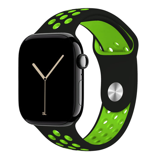 black green silicone watch strap for apple watch series 11 42mm 46mm with perforated holes for breathing while running and active sports