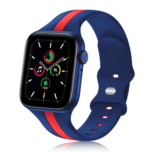 Blue red two tone colour silicone sport strap for apple watch series 11 for size 42mm and 46mm and ultra 3 49mm sitting on a table