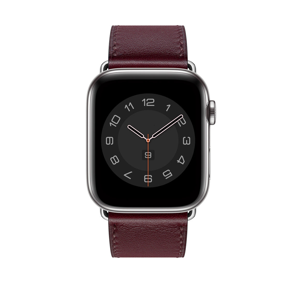 A handmade burgundy with burgundy stitching genuine leather single tour watch strap on an apple watch series 11 42mm and 45mm and 46mm.