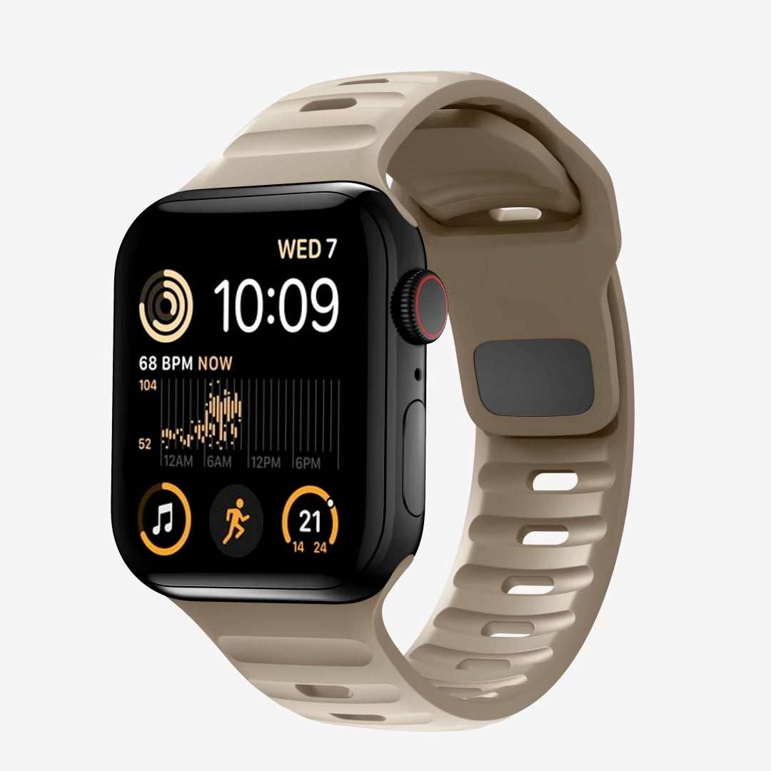 A dune colour silicon watch strap for apple watch series 8 45mm designed for active sports and heavy duty activities
