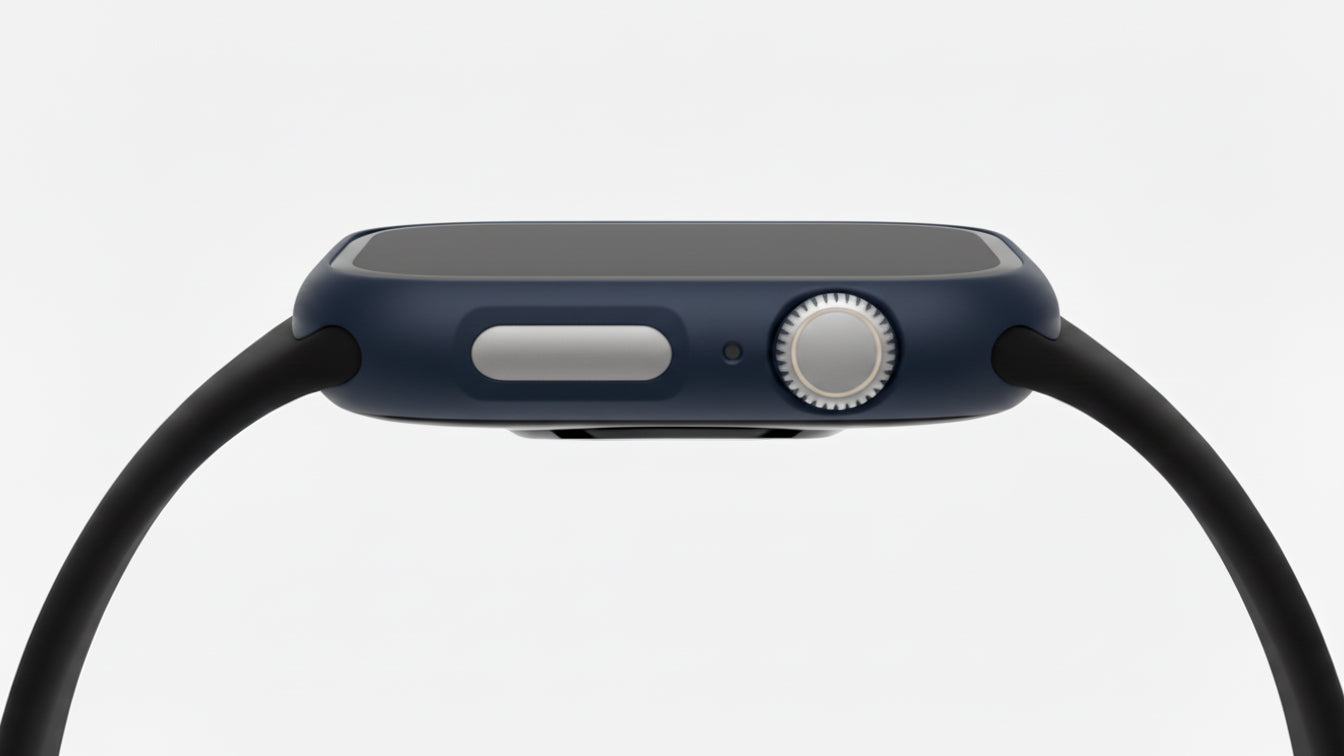 Navy Colour made from polycarbonate material protector with a strong built in tempered glass screen to protect your apple watch series 11 42mm and 46mm from damage displayed on a tilted angle