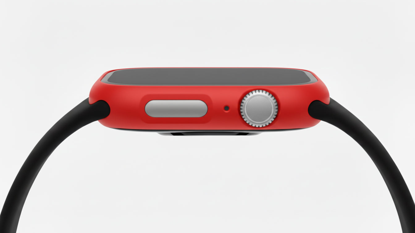 Red Colour made from polycarbonate material protector with a strong built in tempered glass screen to protect your apple watch series 11 42mm and 46mm from damage displayed on a tilted angle