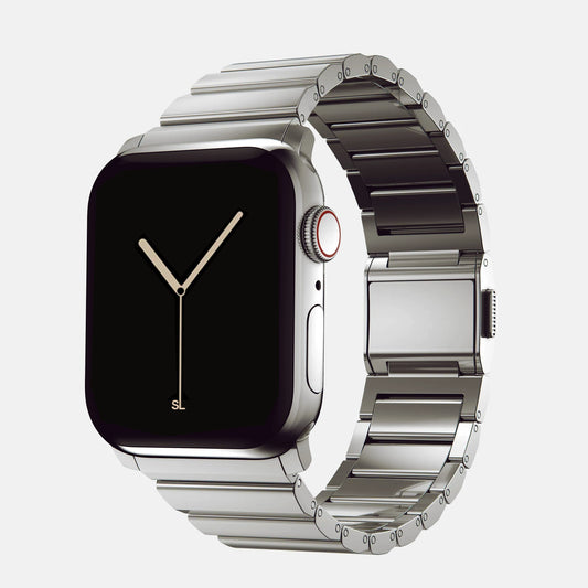 A titanium coloured brushed stainless steel metal strap on an apple watch series 10 and ultra 2 42mm 45mm 49mm