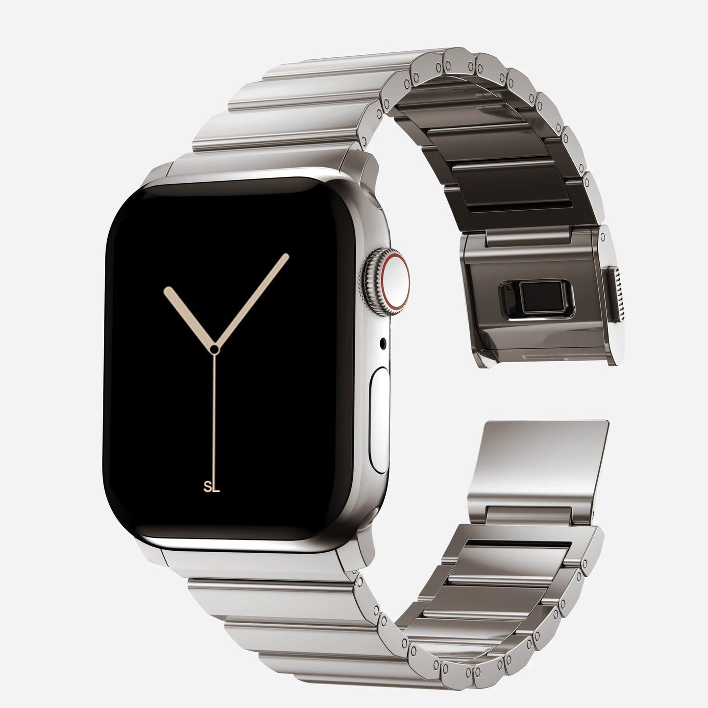 A titanium coloured brushed stainless steel metal strap on an apple watch series 10 and ultra 2 42mm 45mm 49mm