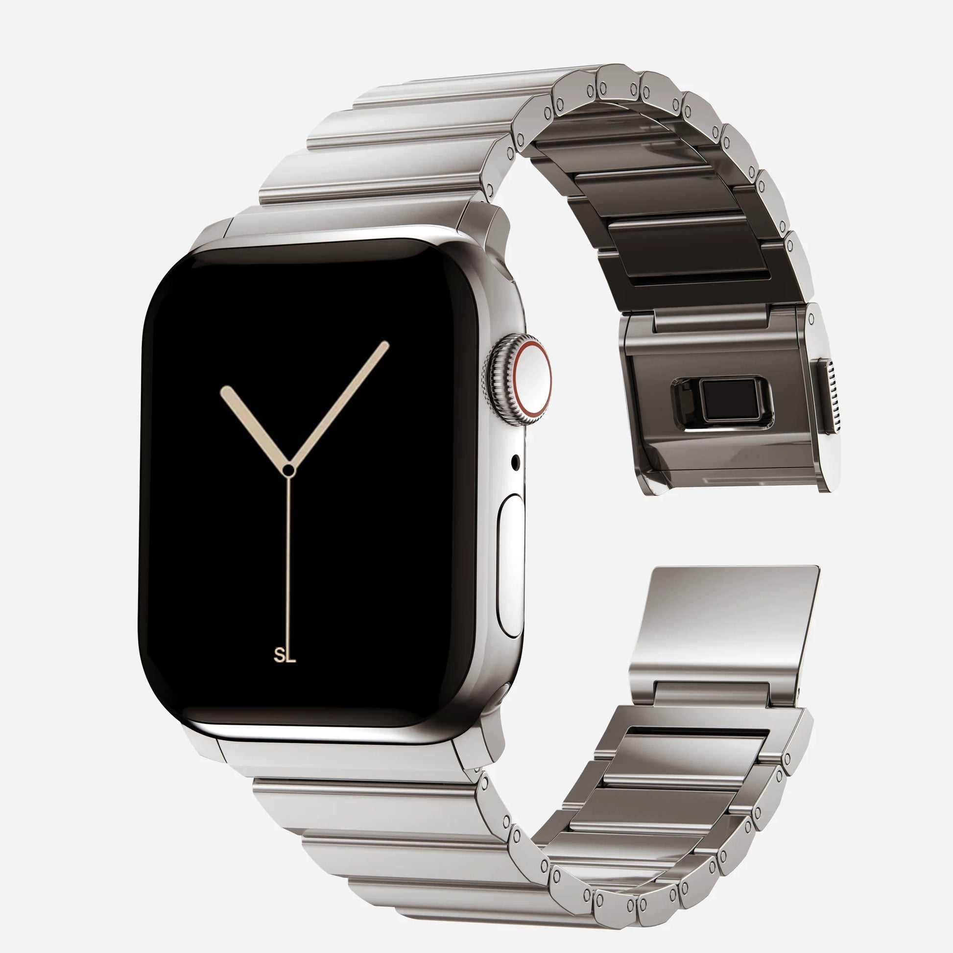 A titanium coloured brushed stainless steel metal strap on an apple watch series 10 and ultra 2 42mm 45mm 49mm
