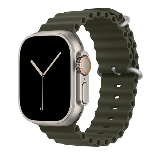 An army green colour watch strap band made from silicone  with two metal buckles on an Apple watch series 10 42mm/ 45mm/ 46mm and ultra 2 designed for the ocean and active sports