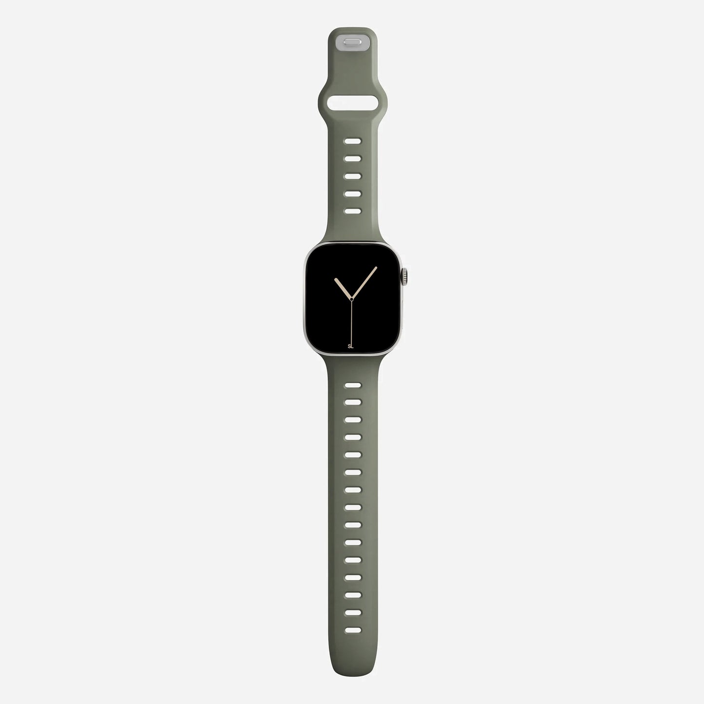 A ash Green colour premium silicone watch strap developed for apple watch series 11 size 42mm 46mm and apple watch ultra 3, designed for active sports activities with interior groves for breathability