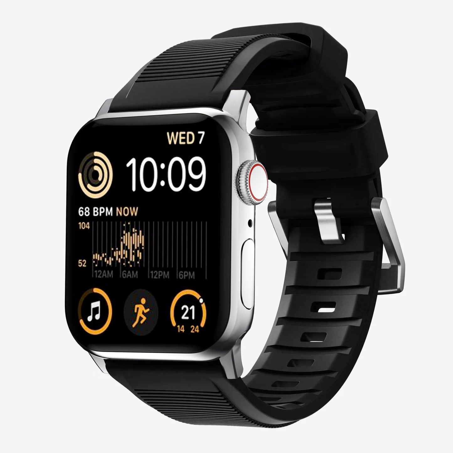 New black silicone with metal connectors, pin and buckle watch strap with compression grooves designed for apple watch series 10 45mm and ultra 2 black side angle