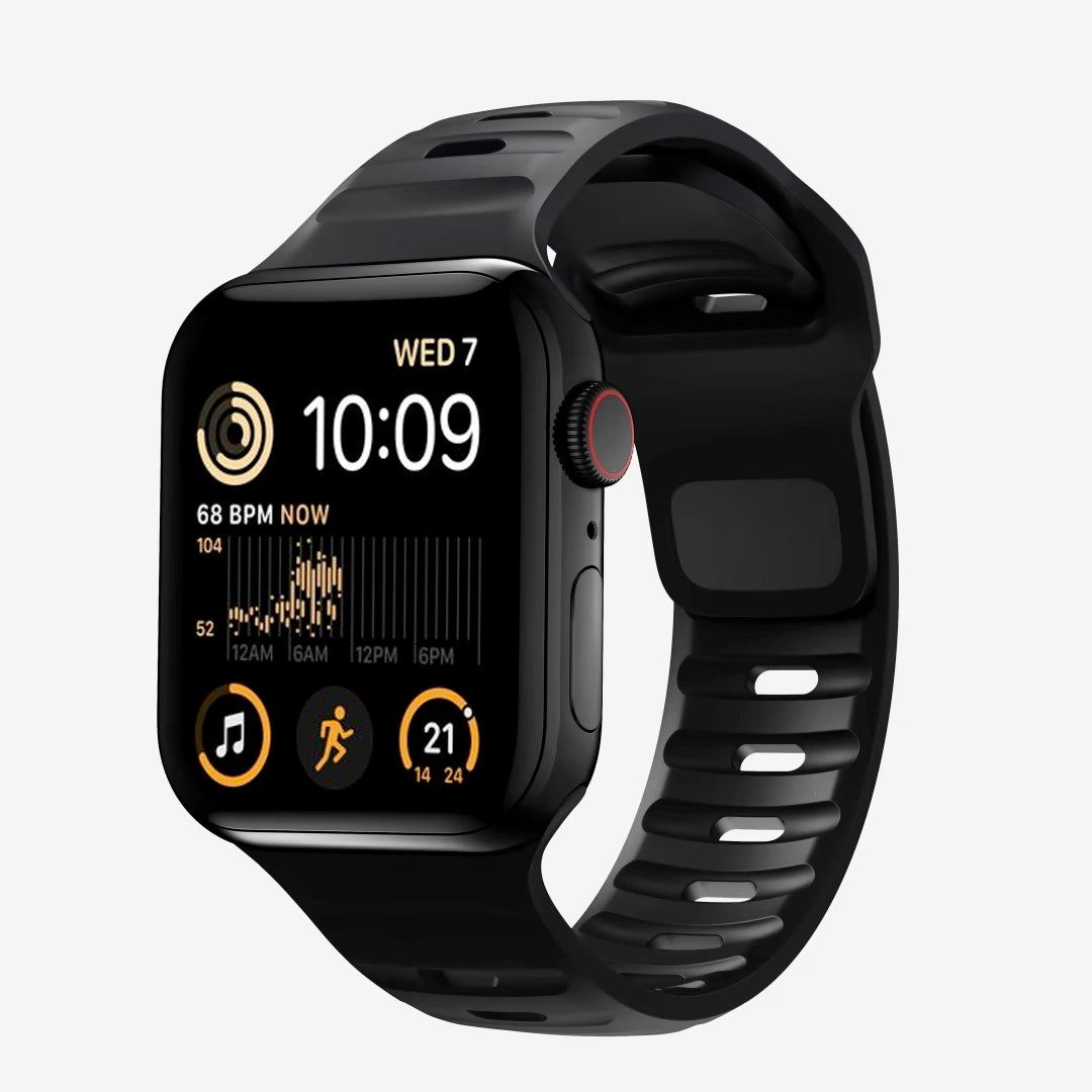 A black colour silicon watch strap for apple watch series 8 45mm designed for sports and active activities