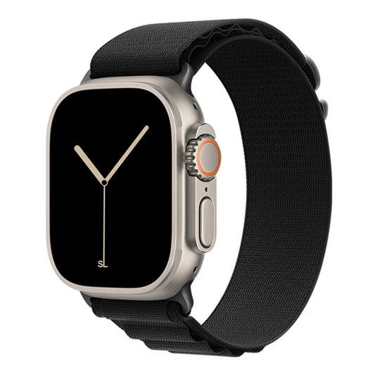 A black colour with silver buckle premium nylon watch strap band designed for adventurers and explorers that wear the Apple watch series 10 and Ultra 2