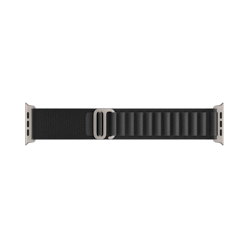 A black colour with silver buckle premium nylon watch strap band designed for adventurers and explorers that wear the Apple watch series 10 and Ultra 2