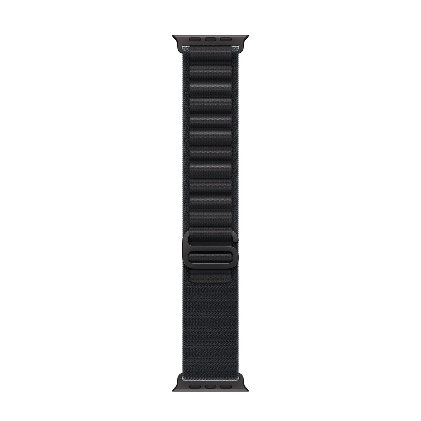 A black colour with black matte buckle premium nylon watch strap band designed for adventurers and alpine explorers that wear the Apple watch series 11 and Ultra 3 45mm 46mm 49mm