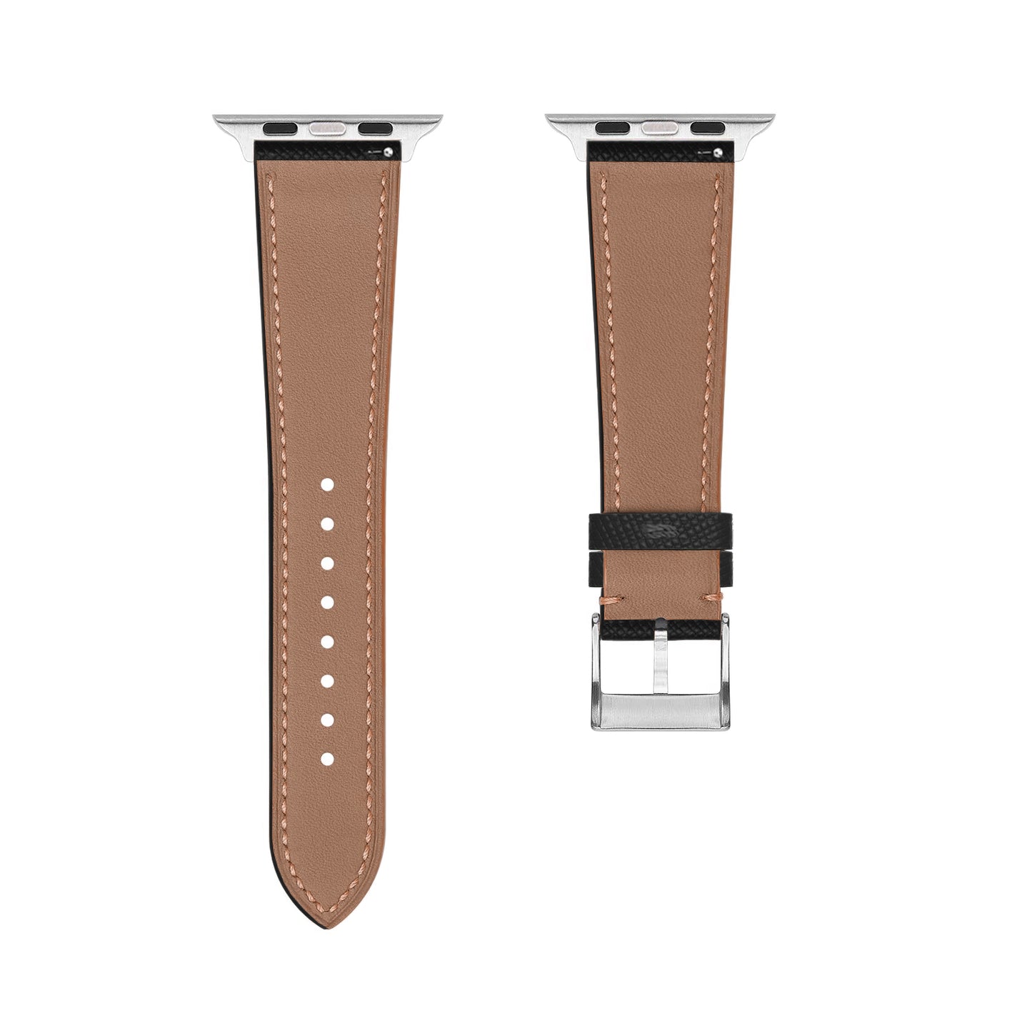 A set of black coloured Saffiano leather pattern handcrafted for apple watch series 10 45mm and 46mm made for people to wear to work or to fancy event