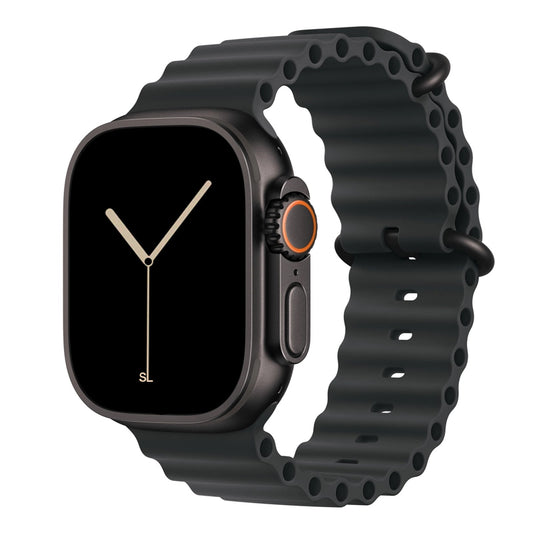 A black colour watch strap band made from silicone  with two metal buckles on an Apple watch series 10 42mm/ 45mm/ 46mm and ultra 2 designed for the ocean and active sports