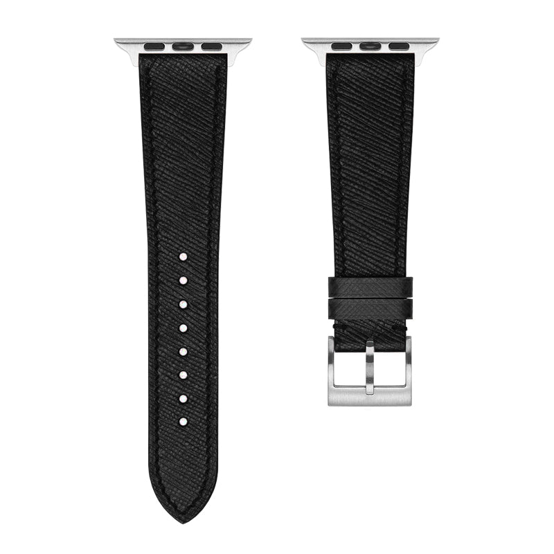 A set of black coloured Saffiano leather pattern handcrafted for apple watch series 10 45mm and 46mm made for people to wear to work or to fancy event