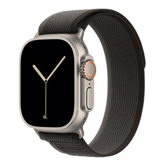 A black and grey colour watch strap band made from nylon on an Apple watch series 10 42mm/ 45mm/ 46mm and ultra 2 designed for the mountain trail trekking and active sports