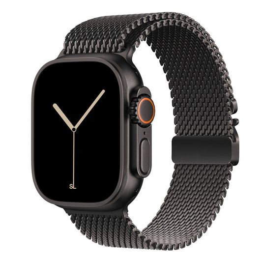 A black titanium colour looking watch strap band inspired by the titanium metal milanese for Apple watch series 10 and Ultra 2