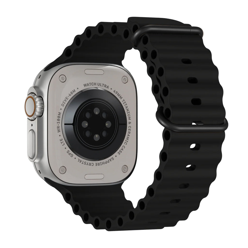 A black colour watch strap band made from silicone with two metal buckles on an Apple watch series 10 42mm/ 45mm/ 46mm and ultra 2 designed for the ocean and active sports