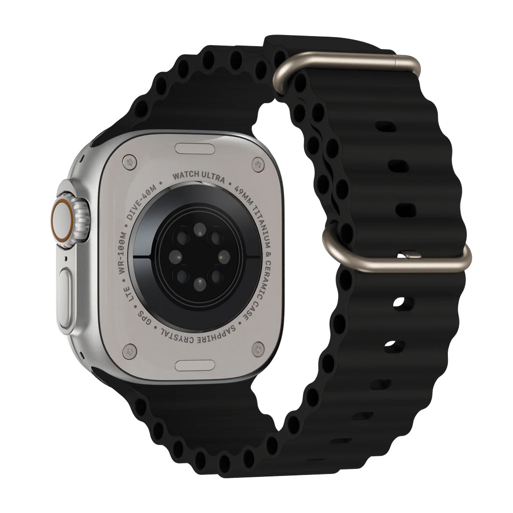 A black colour watch strap band made from silicone with two metal buckles on an Apple watch series 10 42mm/ 45mm/ 46mm and ultra 2 designed for the ocean and active sports