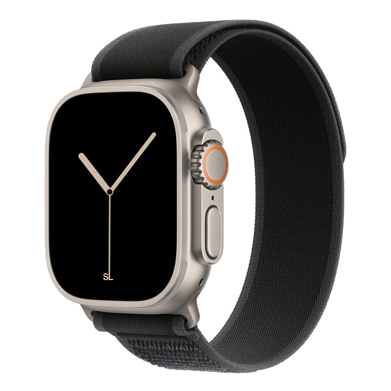 A black colour watch strap band made from nylon on an Apple watch series 10 42mm/ 45mm/ 46mm and ultra 2 designed for the mountain trail trekking and active sports