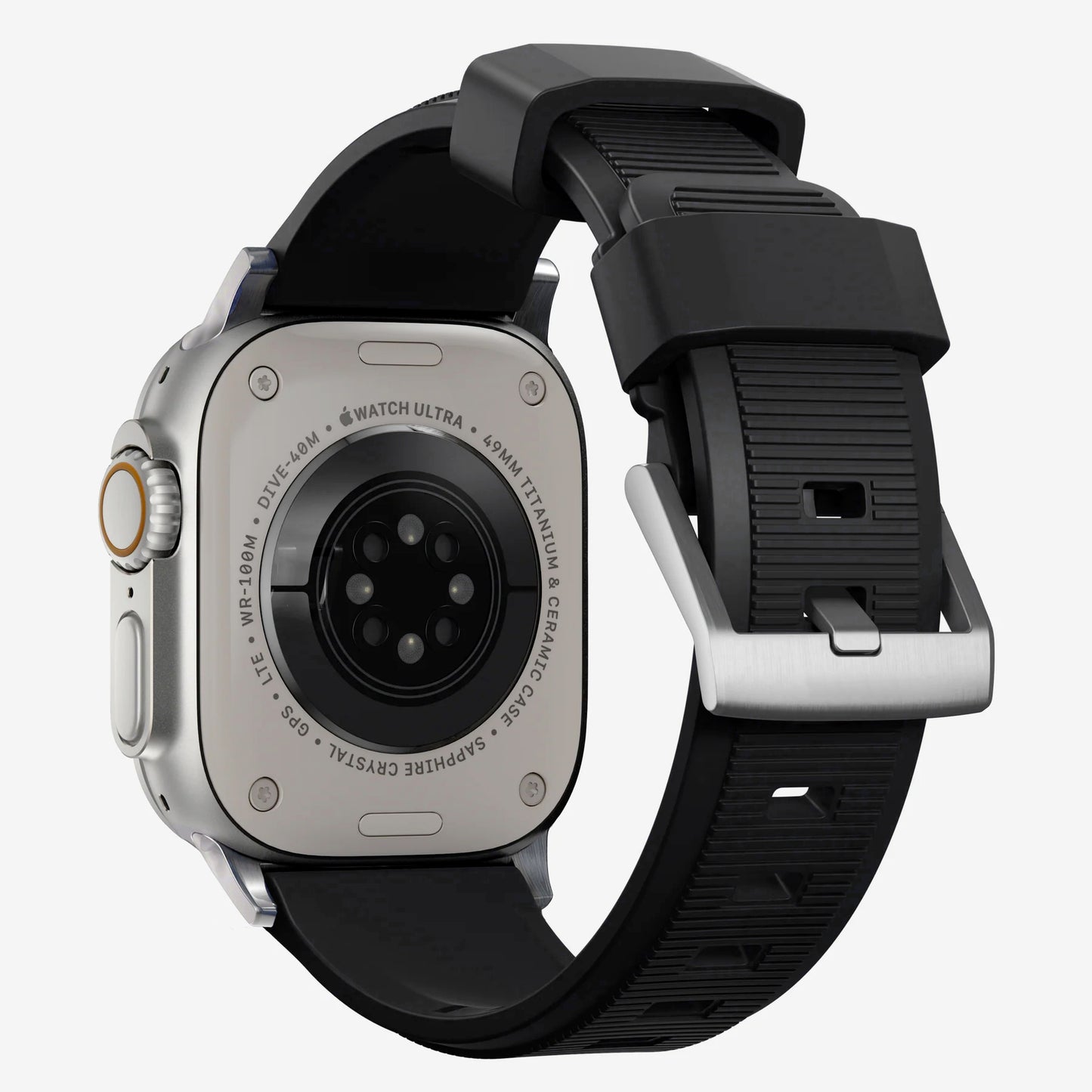 New black silicone with metal connectors, pin and buckle watch strap with compression grooves designed for apple watch series 10 45mm and ultra 2 black back angle