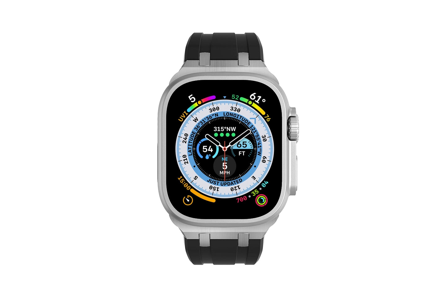 Premium Black colour rubber with stainless steel metal connectors and buckles for Apple Watch Series 9 45mm and Ultra 2 49mm