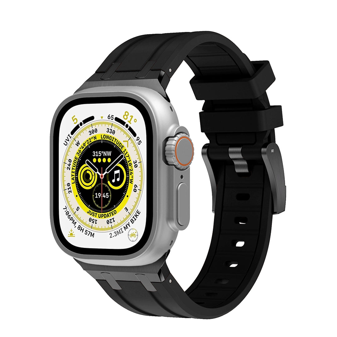 Premium Black colour rubber with stainless steel metal connectors and buckles for Apple Watch Series 9 45mm and Ultra 2 49mm
