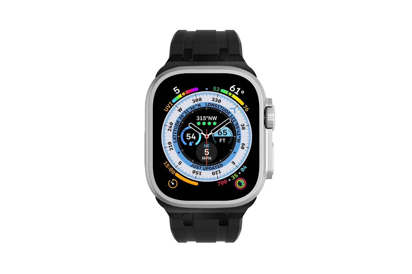 Premium Black colour rubber with stainless steel metal connectors and buckles for Apple Watch Series 9 45mm and Ultra 2 49mm