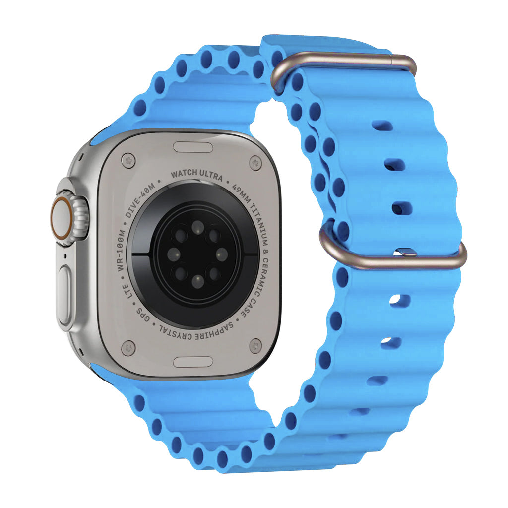 A blue colour watch strap band made from silicone with two metal buckles on an Apple watch series 10 42mm/ 45mm/ 46mm and ultra 2 designed for the ocean and active sports