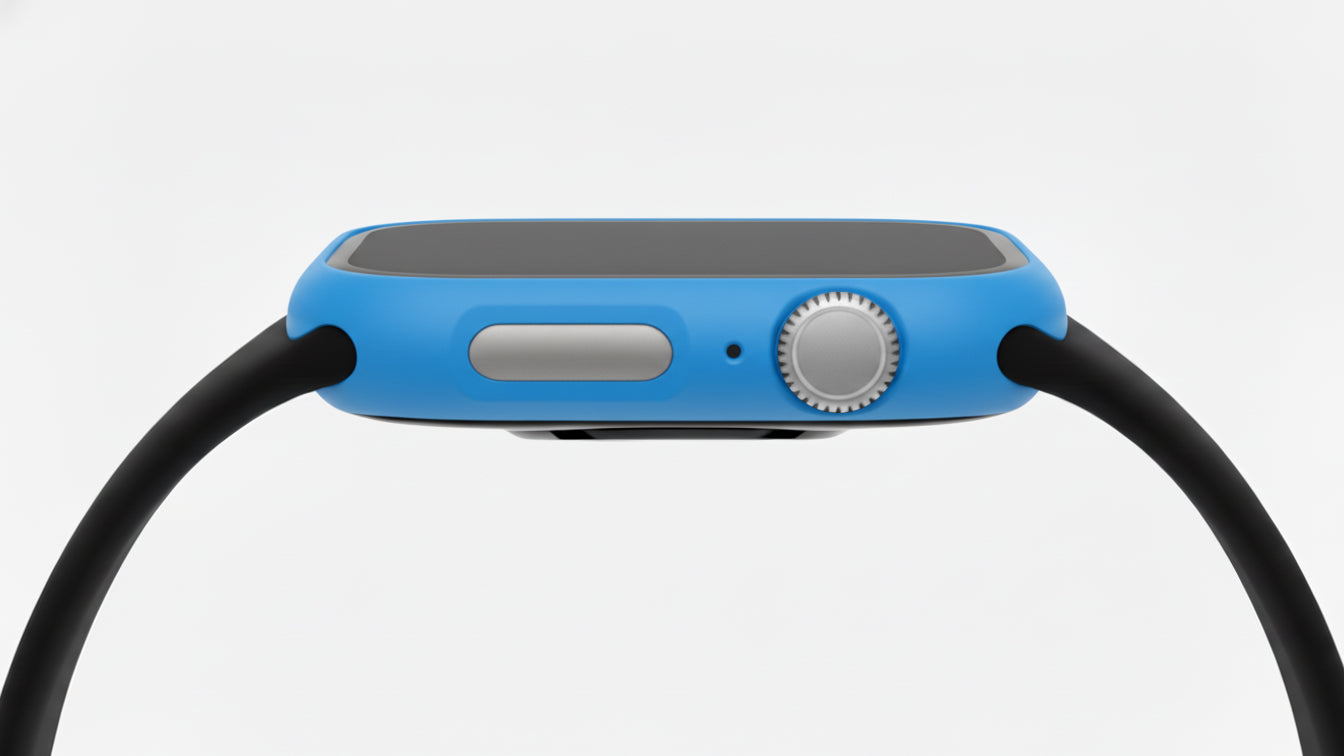 blue Colour made from polycarbonate material protector with a strong built in tempered glass screen to protect your apple watch series 11 42mm and 46mm from damage displayed on a tilted angle