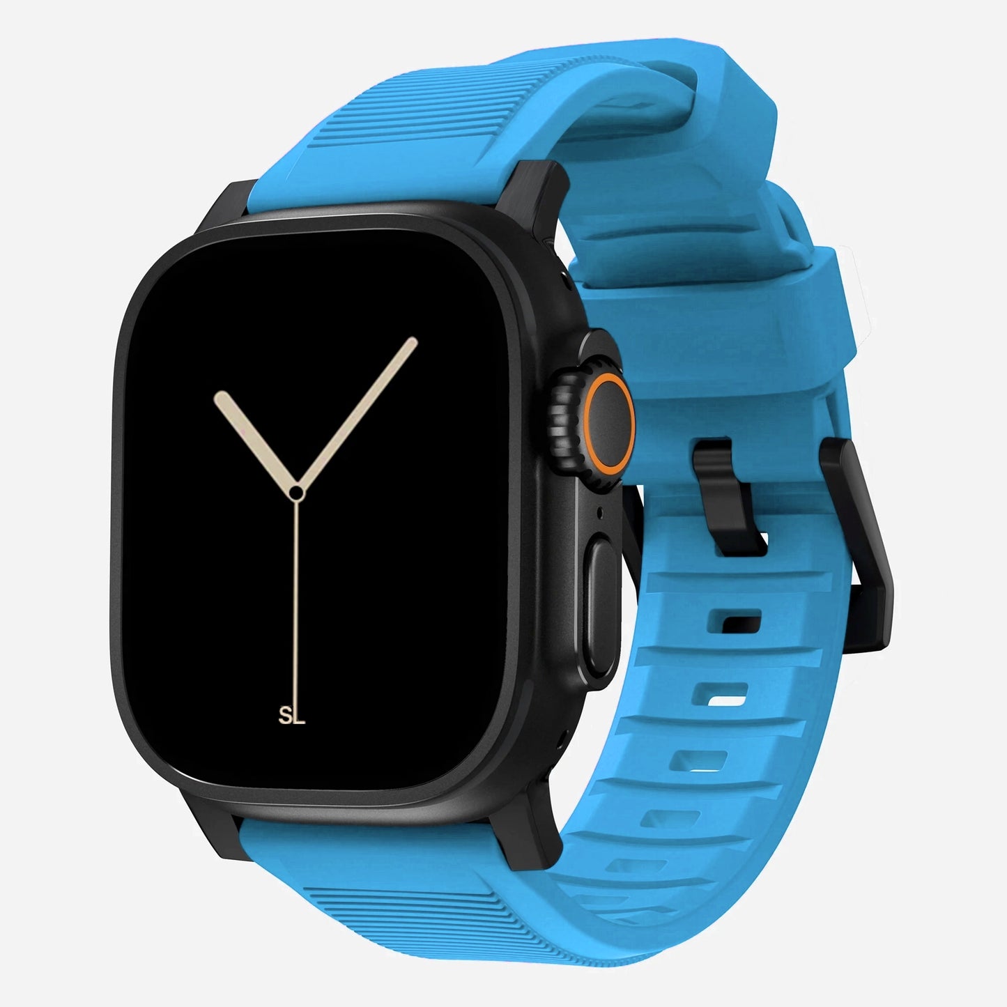 New blue silicone with metal connectors, pin and buckle watch strap with compression grooves designed for apple watch series 10 42mm, 46mm and Ultra 2 side angle
