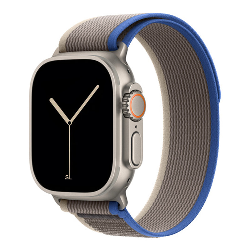 A blue grey watch strap band made from nylon on an Apple watch series 10 42mm/ 45mm/ 46mm and ultra 2 designed for the mountain trail trekking and active sports