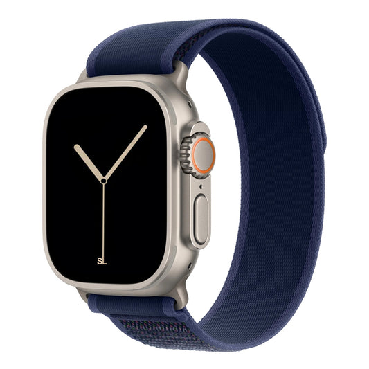 A blue colour watch strap band made from nylon on an Apple watch series 10 42mm/ 45mm/ 46mm and ultra 2 designed for the mountain trail trekking and active sports