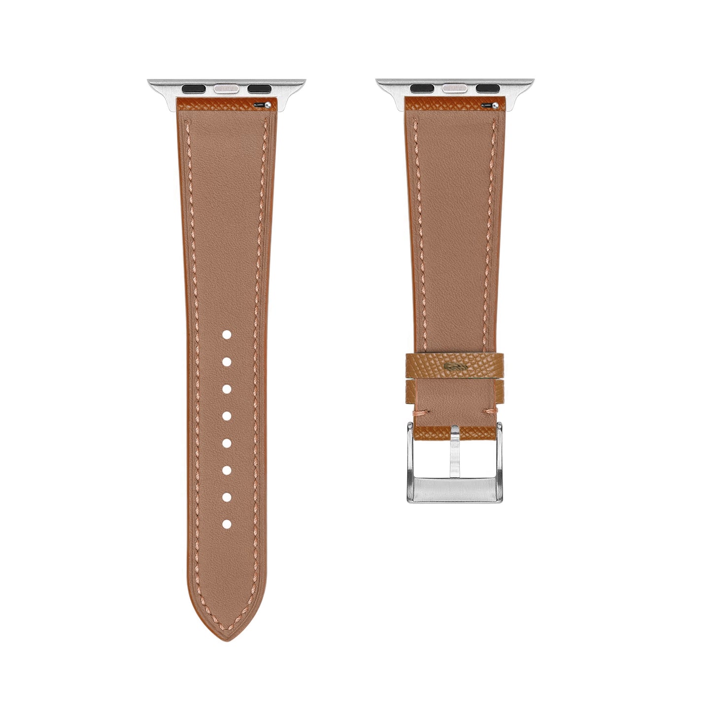 A set of brown coloured Saffiano leather pattern handcrafted for apple watch series 10 45mm and 46mm made for people to wear to work or to fancy event