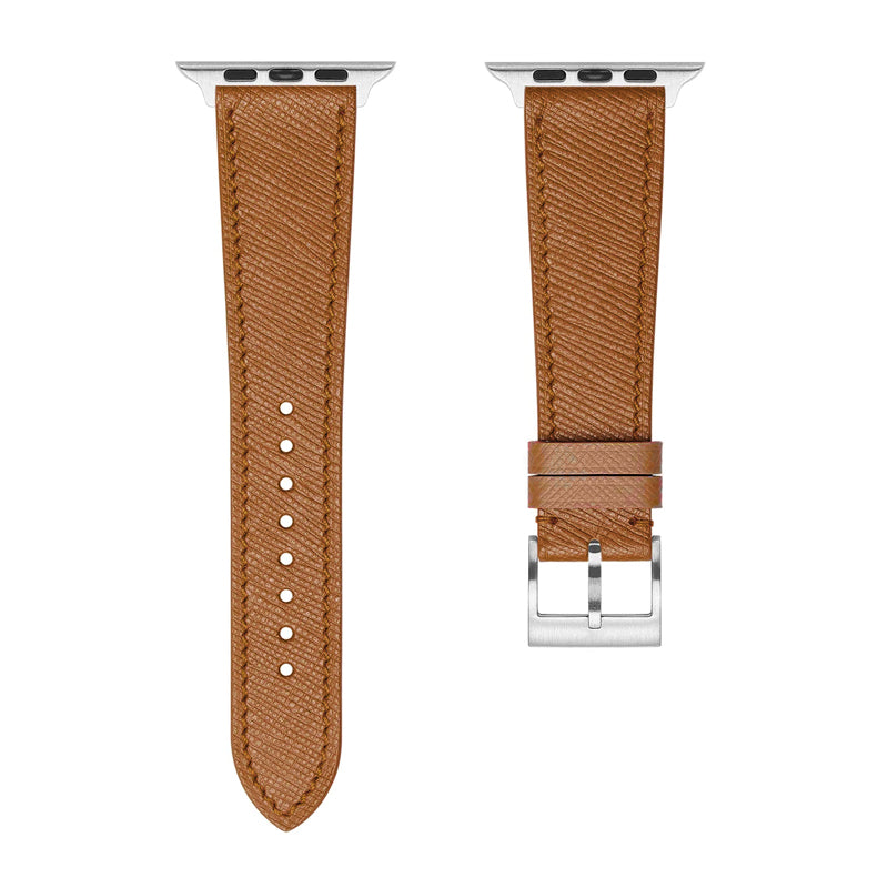 A set of brown coloured Saffiano leather pattern handcrafted for apple watch series 10 45mm and 46mm made for people to wear to work or to fancy event