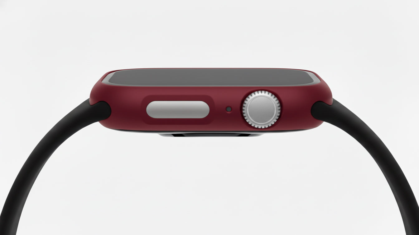 burgundy red Colour made from polycarbonate material protector with a strong built in tempered glass screen to protect your apple watch series 11 42mm and 46mm from damage displayed on a tilted angle