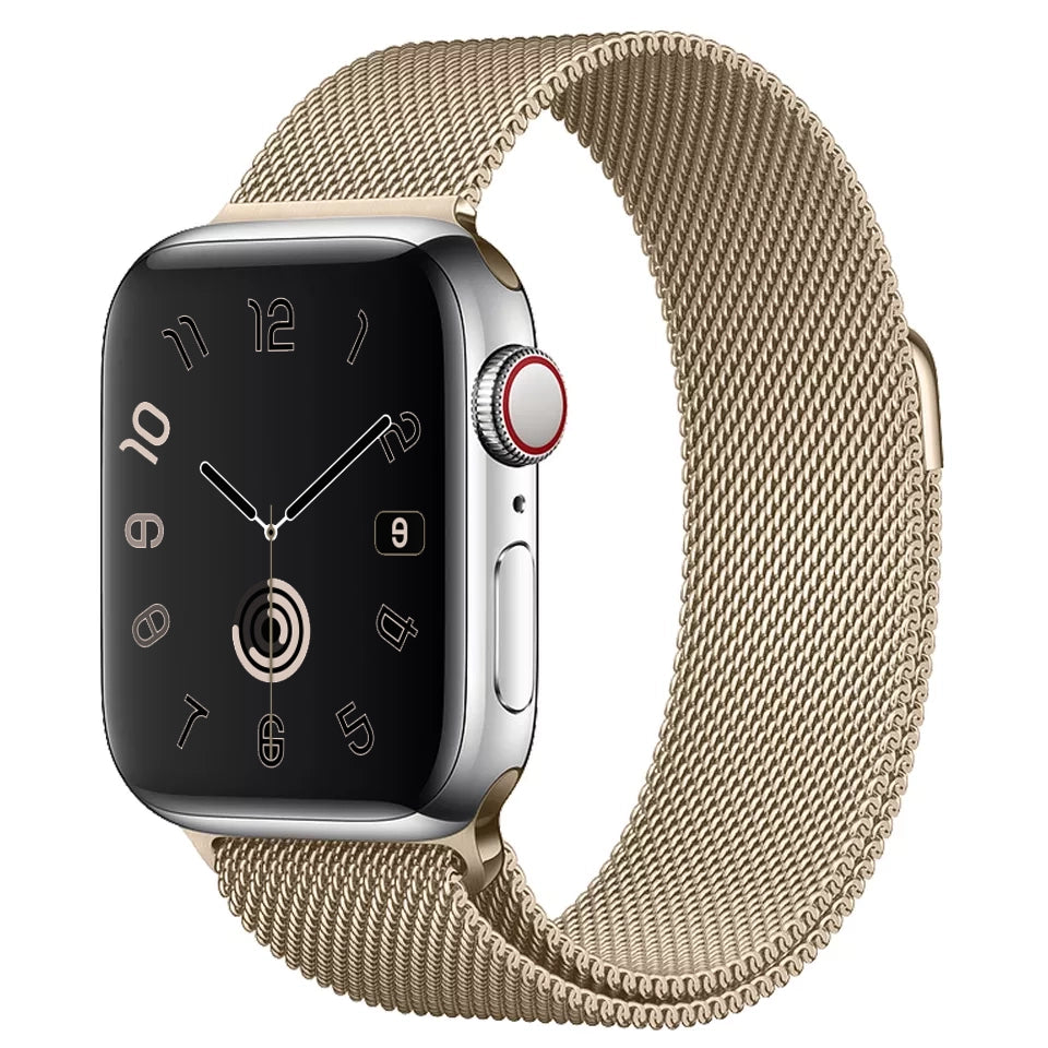 A champagne gold colour stainless steel milanese watch strap for the latest apple watch series 11 42mm 45mm and ultra 3