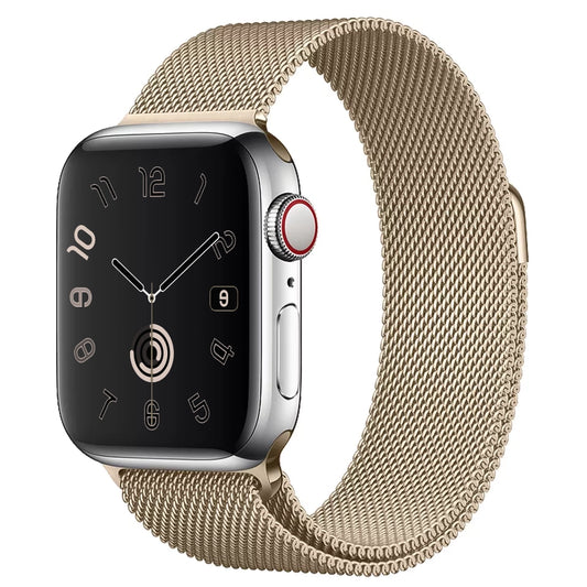 A champagne gold colour stainless steel milanese watch strap for the latest apple watch series 11 42mm 45mm and ultra 3
