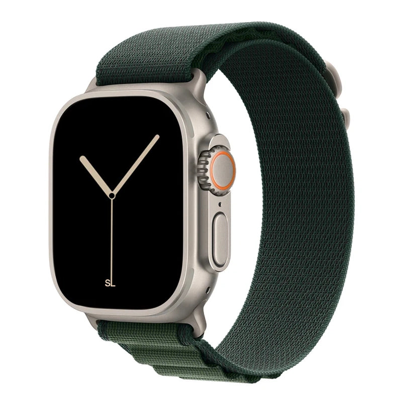 A dark green colour premium nylon watch strap band designed for adventurers and explorers that wear the Apple watch series 10 and Ultra 2