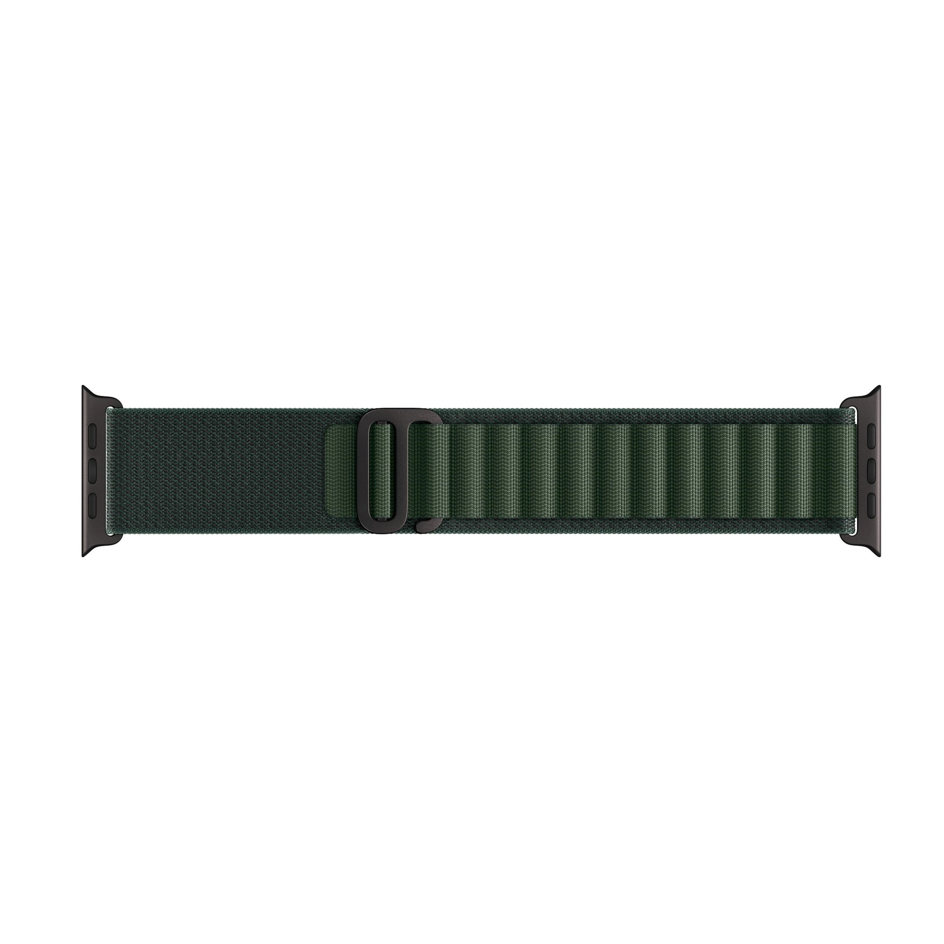 A dark green colour premium nylon watch strap band designed for adventurers and explorers that wear the Apple watch series 10 and Ultra 2