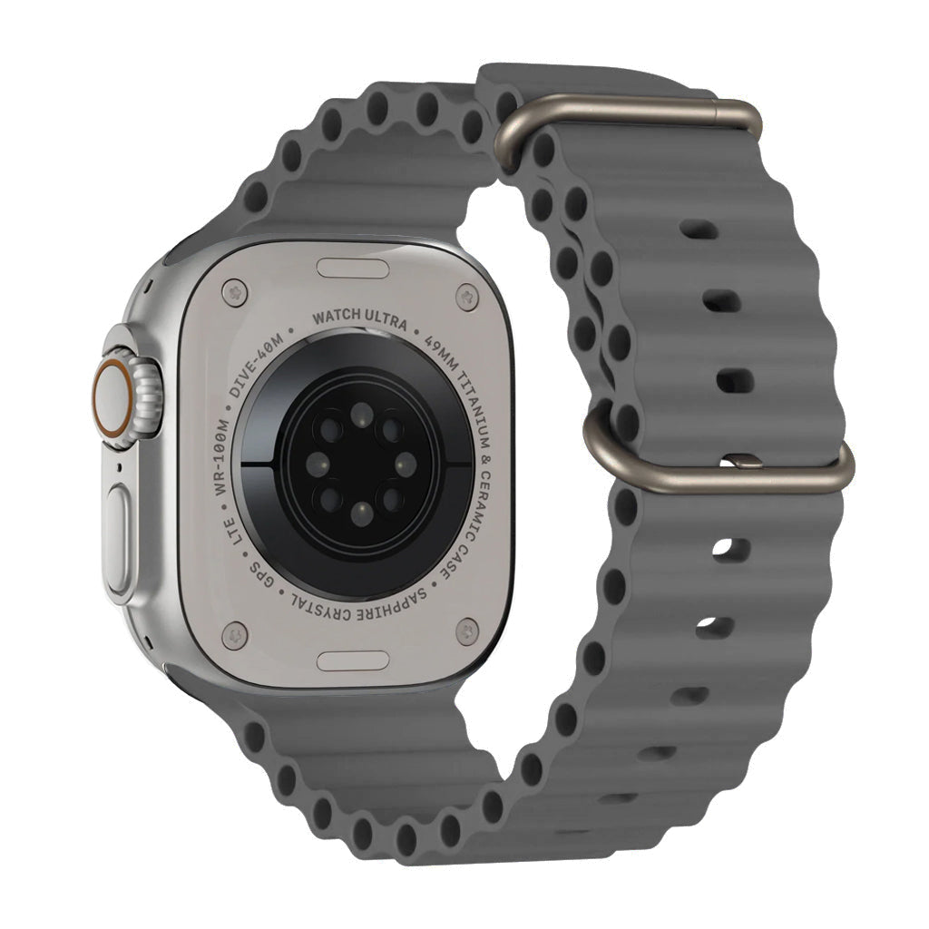 A dark grey colour watch strap band made from silicone with two metal buckles on an Apple watch series 11 42mm/ 45mm/ 46mm and ultra 3 designed for the ocean and active sports